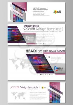 Social media and email headers set, modern banners. Business templates. Easy editable abstract design template, flat layout in popular sizes, vector illustration. Glitched background, colorful pixel m