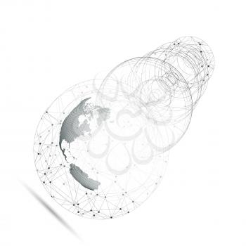 3D dotted world globe with abstract construction, connecting lines and dots, molecules on white background. Molecule structure, scientific research. Medicine, science, technology concept. Abstract pol