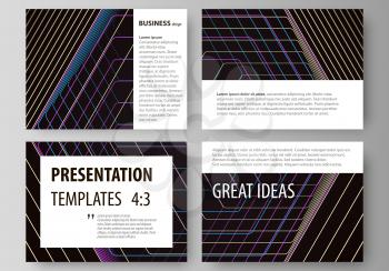Set of business templates for presentation slides. Easy editable abstract vector layouts in flat design. Abstract polygonal background with hexagons, illusion of depth and perspective. Black color geo