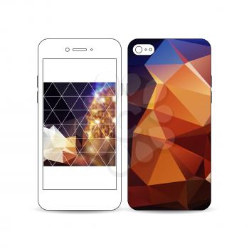 Mobile smartphone with an example of the screen and cover design isolated on white background. Colorful polygonal background, blurred image, night city landscape, festive cityscape, triangular texture