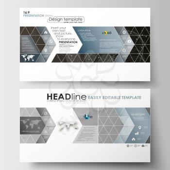 Business templates in HD format for presentation slides. Easy editable abstract layouts in flat design. Abstract 3D construction and polygonal molecules on gray background, scientific technology vecto