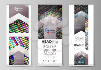 Set of roll up banner stands, flat design templates, abstract geometric style, modern business concept, corporate vertical vector flyers, flag layouts. Colorful background made of stripes. Abstract tu