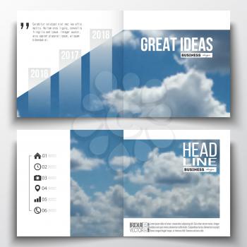 Set of annual report business templates for brochure, magazine, flyer or booklet. Beautiful blue sky, abstract background with white clouds, leaflet cover, business layout, vector.