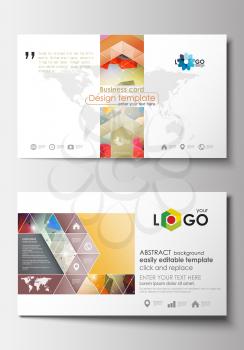 Business card templates. Cover design template, easy editable blank, abstract flat layout. Abstract colorful triangle design vector background with polygonal molecules.