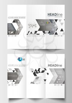 Tri-fold brochure business templates on both sides. Easy editable abstract layout in flat design. Abstract triangle design background, modern gray color polygonal vector.
