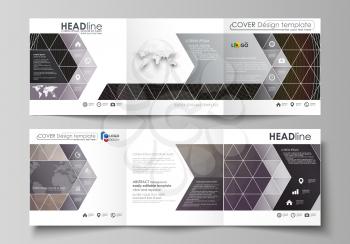 Set of business templates for tri fold square design brochures. Leaflet cover, abstract flat layout, easy editable vector. Dark color triangles and colorful circles. Abstract polygonal style modern ba