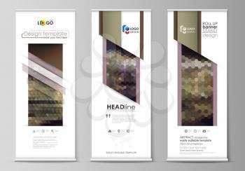 Set of roll up banner stands, flat design templates, abstract geometric style, modern business concept, corporate vertical vector flyers, flag layouts. Abstract multicolored backgrounds. Geometrical p
