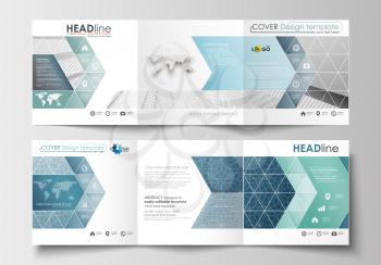 Set of business templates for tri-fold brochures. Square design. Leaflet cover, abstract flat layout, easy editable blank. Abstract blue or gray business pattern with lines, modern stylish vector text