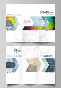 Tri-fold brochure business templates on both sides. Easy editable abstract layout in flat design, vector illustration. Colorful design with overlapping geometric shapes and waves forming abstract beau