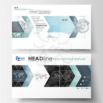 Business templates in HD format for presentation slides. Easy editable layouts. High tech design, connecting system. Science and technology concept. Futuristic abstract vector background
