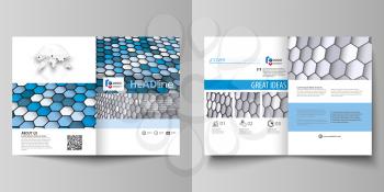 Business templates for bi fold brochure, magazine, flyer, booklet or annual report. Cover design template, easy editable vector, abstract flat layout in A4 size. Blue and gray color hexagons in perspe