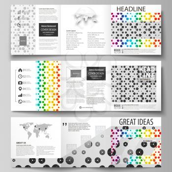 Set of business templates for tri fold square design brochures. Leaflet cover, abstract flat layout, easy editable vector. Chemistry pattern, hexagonal design molecule structure, scientific, medical D