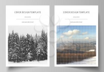 Business templates for brochure, magazine, flyer, booklet or annual report. Cover design template, easy editable vector, abstract flat layout in A4 size. Abstract landscape of nature. Dark color patte