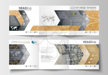 Set of business templates for tri-fold brochures. Square design. Leaflet cover, abstract flat layout, easy editable blank. Golden technology background, connection structure with connecting dots and l