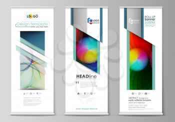 Set of roll up banner stands, flat design templates, abstract geometric style, modern business concept, corporate vertical vector flyers, flag banner layouts. Colorful design with overlapping geometri