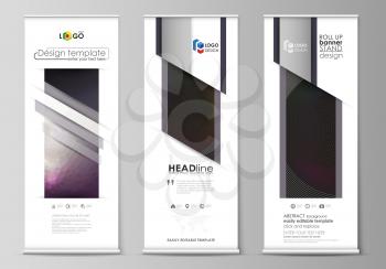 Set of roll up banner stands, flat design templates, abstract geometric style, modern business concept, corporate vertical vector flyers, flag layouts. Dark color triangles and colorful circles. Abstr