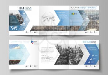 Set of business templates for tri fold square design brochures. Leaflet cover, abstract flat layout, easy editable vector. Abstract landscape of nature. Dark color pattern in vintage style, mosaic tex