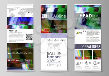 Set of roll up banner stands, flat design templates, abstract geometric style, modern business concept, corporate vertical vector flyers, flag layouts. Glitched background made of colorful pixel mosai