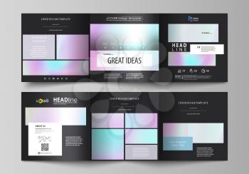 Set of business templates for tri fold square design brochures. Leaflet cover, abstract flat layout, easy editable vector. Hologram, background in pastel colors with holographic effect. Blurred colorf