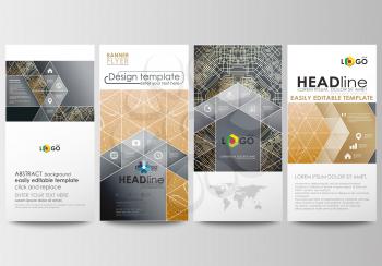Flyers set, modern banners. Business templates. Cover design template, easy editable, abstract flat layouts. Golden technology background, connection structure with connecting dots and lines, science 