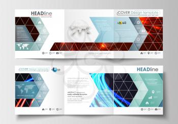 Set of business templates for tri-fold brochures. Square design. Leaflet cover, abstract flat layout, easy editable blank. Abstract lines background with color glowing neon streams, motion design vect