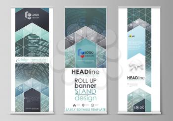 Set of roll up banner stands, flat design templates, abstract geometric style, modern business concept, corporate vertical vector flyers, flag layouts. Technology background in geometric style made fr