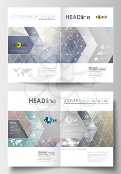 Business templates for brochure, magazine, flyer, booklet or annual report. Cover design template, easy editable blank, abstract flat layout in A4 size. DNA molecule structure on blue background. Scie