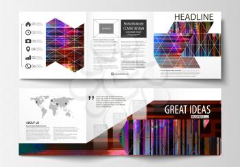 Business templates for tri fold brochures. Square design. Leaflet cover, abstract vector layout. Glitched background made of colorful pixel mosaic. Digital decay, signal error, television fail. Trendy