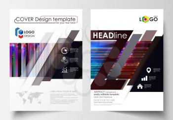 Business templates for brochure, magazine, flyer, annual report. Cover design template, abstract vector layout in A4 size. Glitched background made of colorful pixel mosaic. Digital decay, signal erro