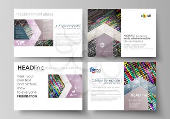 Set of business templates for presentation slides. Easy editable abstract vector layouts in flat design. Colorful background made of stripes. Abstract tubes and dots. Glowing multicolored texture.