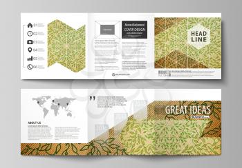 Set of business templates for tri fold brochures. Square design. Leaflet cover, abstract flat layout, easy editable vector. Abstract green color wooden design. Texture with leaves. Spa concept natural