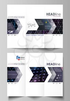 Tri-fold brochure business templates on both sides. Easy editable abstract vector layout in flat design. Abstract colorful neon dots, dotted technology background. Glowing particles, led light pattern