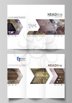 Tri-fold brochure business templates on both sides. Easy editable abstract vector layout in flat design. Abstract multicolored backgrounds. Geometrical patterns. Triangular and hexagonal style.