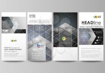Flyers set, modern banners. Business templates. Cover design template, easy editable abstract vector layouts. Colorful dark background with abstract lines. Bright color chaotic, random, messy curves. 