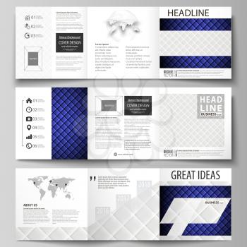 Set of business templates for tri fold square design brochures. Leaflet cover, abstract flat layout, easy editable vector. Shiny fabric, rippled texture, white and blue color silk, colorful vintage st