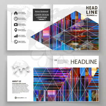Business templates for square design bi fold brochure, magazine, flyer. Leaflet cover, abstract vector layout. Glitched background made of colorful pixel mosaic. Digital decay, signal error, televisio