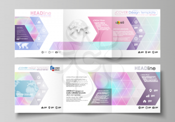 Set of business templates for tri fold square design brochures. Leaflet cover, abstract flat layout, easy editable vector. Hologram, background in pastel colors with holographic effect. Blurred colorf
