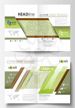 Business templates for bi fold brochure, magazine, flyer, booklet or annual report. Cover design template, easy editable vector, abstract flat layout in A4 size. Green color background with leaves. Sp