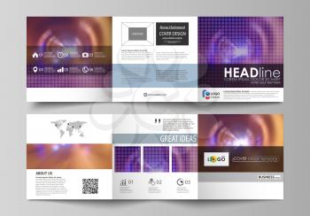 Set of business templates for tri fold square design brochures. Leaflet cover, abstract flat layout, easy editable vector. Bright color colorful design, beautiful futuristic background.