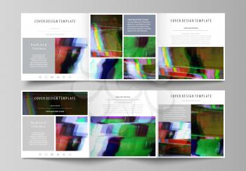 Set of business templates for tri fold square design brochures. Leaflet cover, abstract flat layout, easy editable vector. Glitched background made of colorful pixel mosaic. Digital decay, signal erro