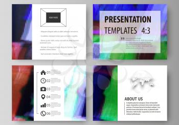 Set of business templates for presentation slides. Easy editable abstract vector layouts in flat design. Glitched background made of colorful pixel mosaic. Digital decay, signal error, television fail