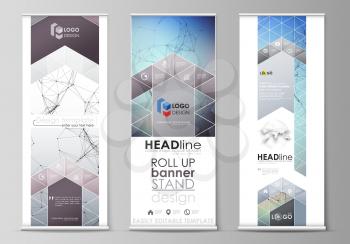 Set of roll up banner stands, flat design templates, abstract geometric style, modern business concept, corporate vertical vector flyers, flag layouts. Compounds lines and dots. Big data visualization