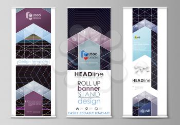 Set of roll up banner stands, flat design templates, abstract geometric style, modern business concept, corporate vertical vector flyers, flag layouts. Abstract polygonal background with hexagons, ill