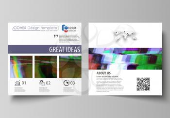 Business templates for square design brochure, magazine, flyer, booklet or annual report. Leaflet cover, abstract flat layout, easy editable vector. Glitched background made of colorful pixel mosaic. 