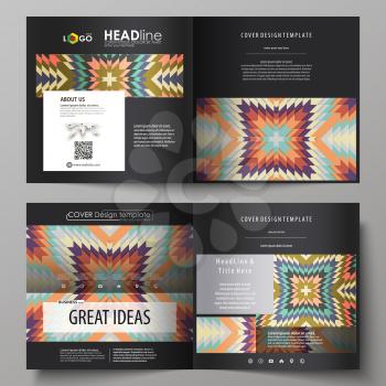 Business templates for square design bi fold brochure, magazine, flyer, booklet or annual report. Leaflet cover, abstract flat layout, easy editable vector. Tribal pattern, geometrical ornament in eth