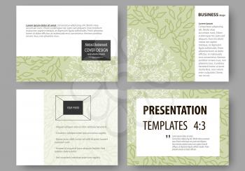 Set of business templates for presentation slides. Easy editable abstract layouts in flat design, vector illustration. Green color background with leaves. Spa concept in linear style. Vector decoratio