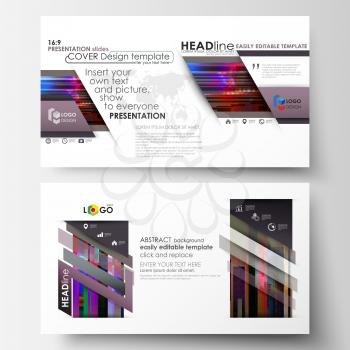 Business templates in HD format for presentation slides. Easy editable abstract layouts in flat design, vector illustration. Glitched background made of colorful pixel mosaic. Digital decay, signal er