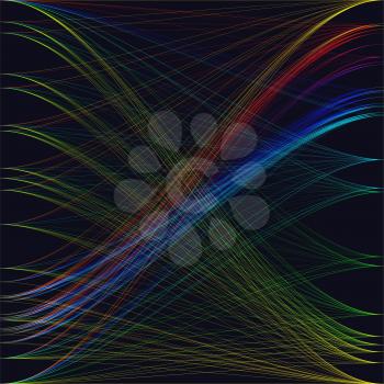Colorful dark background with abstract waves, lines. Bright color chaotic, random, messy curves, swirl. Motion design. Colourful vector decoration