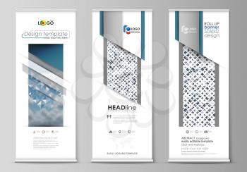 Set of roll up banner stands, flat design templates, abstract geometric style, modern business concept, corporate vertical vector flyers, flag banner layouts. Blue color pattern with rhombuses, abstra