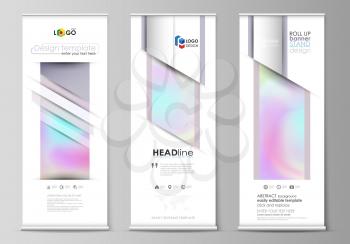 Set of roll up banner stands, flat design templates, abstract geometric style, modern business concept, corporate vertical vector flyers, flag layouts. Hologram, background in pastel colors with holog